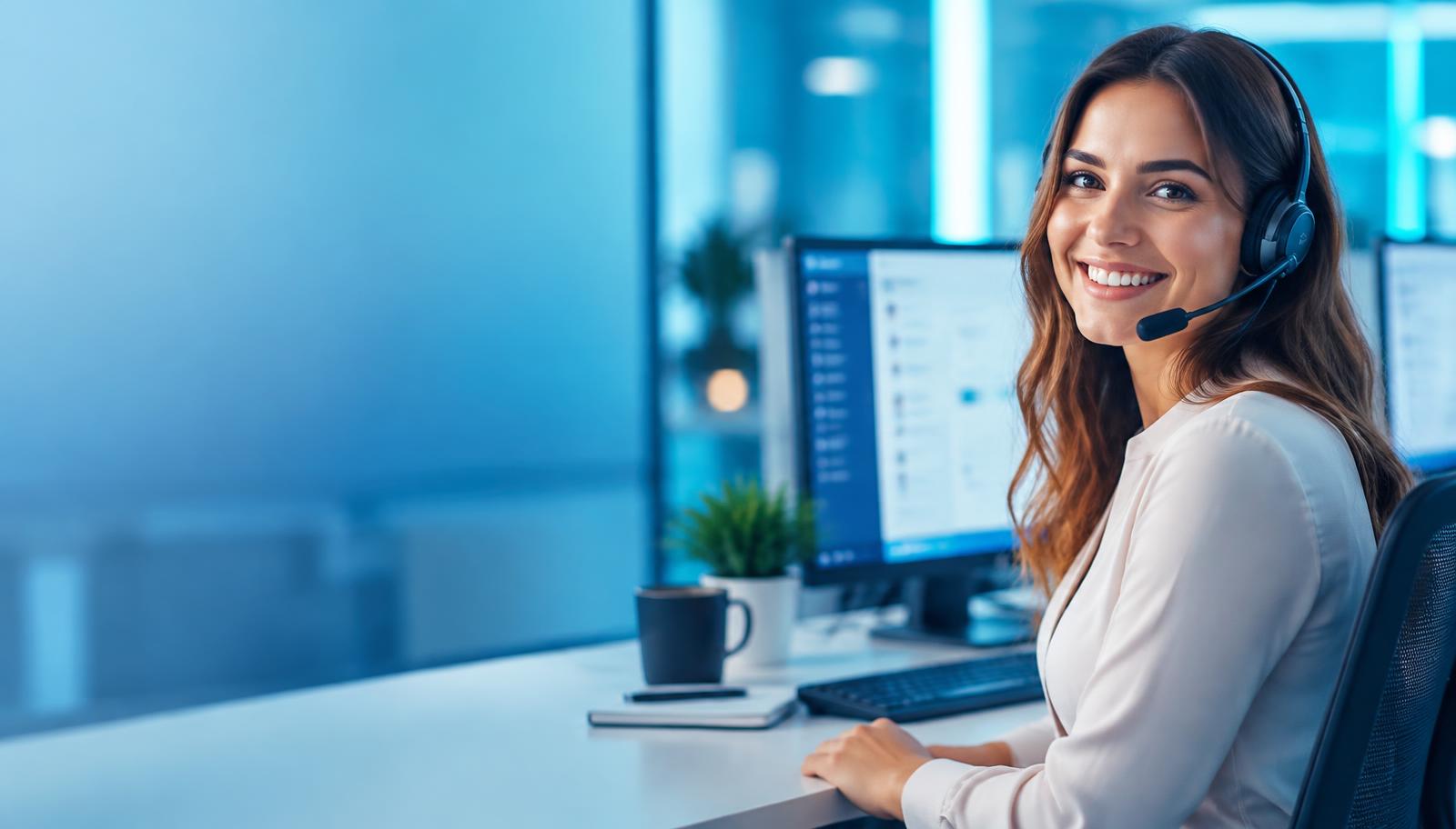 Atendente sorrindo com headset durante atendimento online da soluçãolpnma